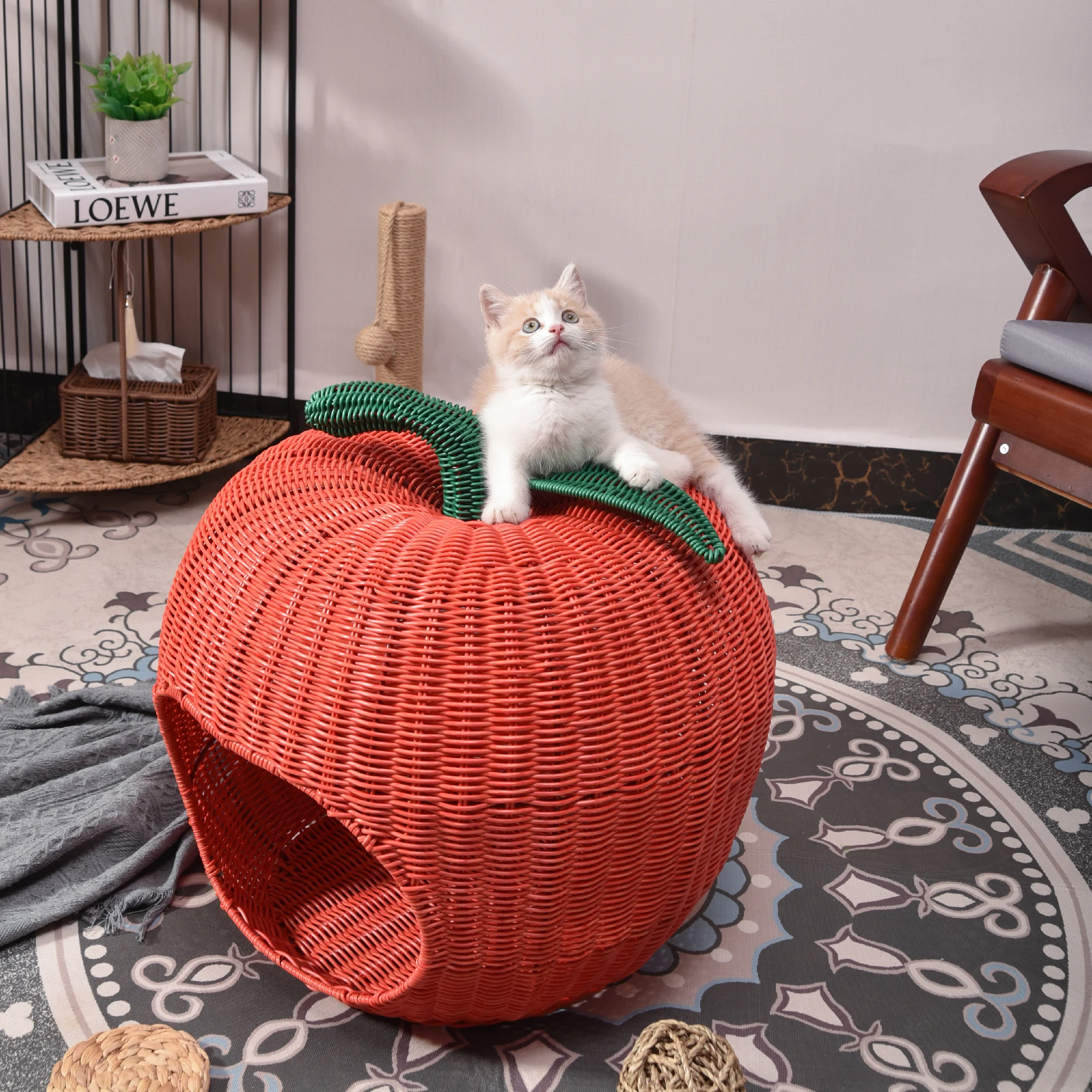 XH Plastic Rattan Resin Wicker Woven Apple Cat Dog Bed Kennel house with mattress Small Pet Animals Bed Nest Luxury  Pet House