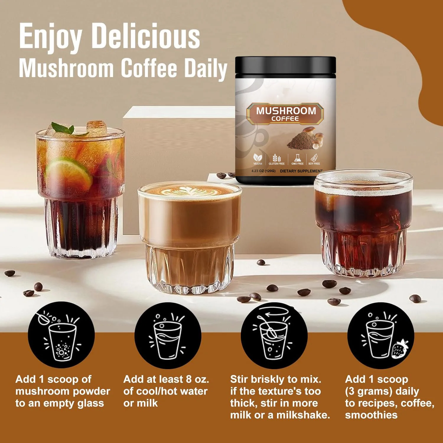 OEM Wholesale Organic Mushroom Canned Instant 10 in 1 Reishi Mushroom Coffee Powder For Health Life