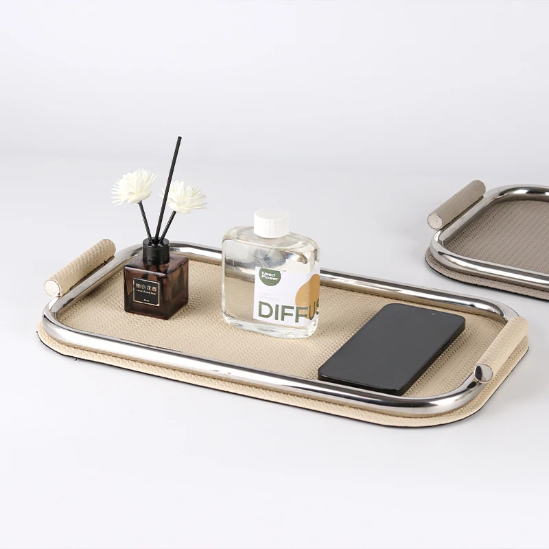 Hotel Metal Serving Trays Customised Light Luxury Metal Storage Tray Upscale Leather Home Service Tray