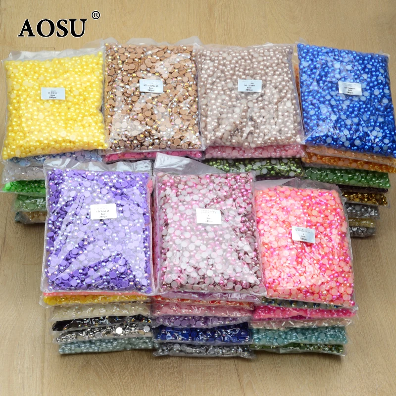 AOSU 2mm 4mm 6mm 8mm 10mm 16mm Loose ABS Imitation Flatback Pearl Beads Half Round Pearls For Garment Accessory