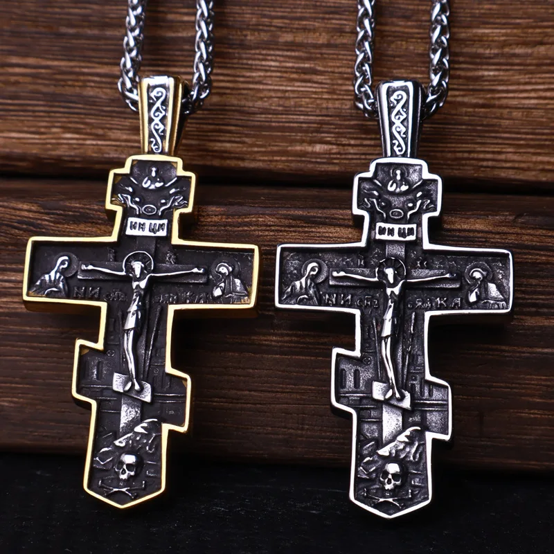 OEM PRODUCTION Orthodox Christian Stainless Steel Religious Necklace Gold Plated Crucifix Jesus Cross for Gift or Party