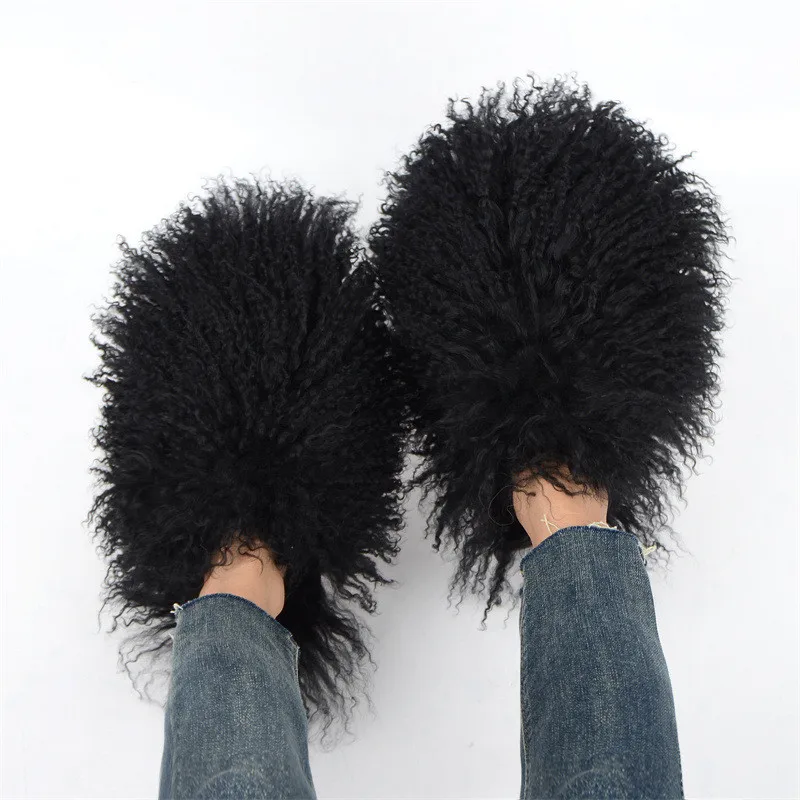 Женские Модные пушистые туфли сланцы из натурального монгольского овечьего меха Тапочки