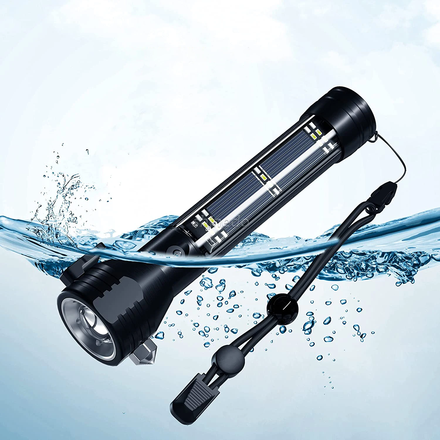 Handheld Solar Powered 2000mAh Flashlights with 120dB Alarm Sound USB Rechargeable Waterproof Flashlight