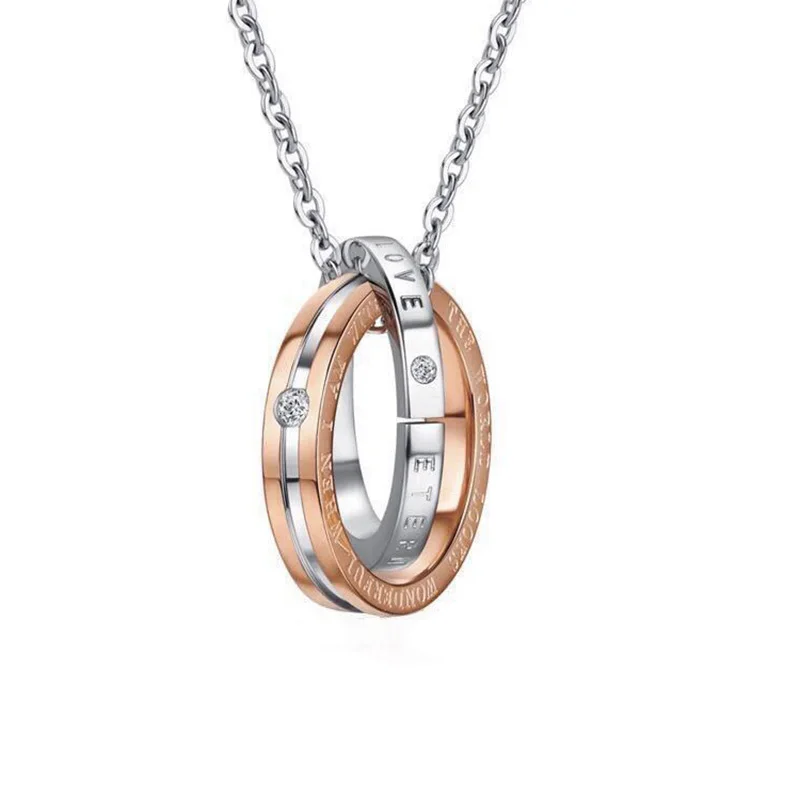 New Double Ring Lovers Pendant Necklace Carving Letters Fashion Accessories Stainless Steel Creative Jewelry For Men And Women