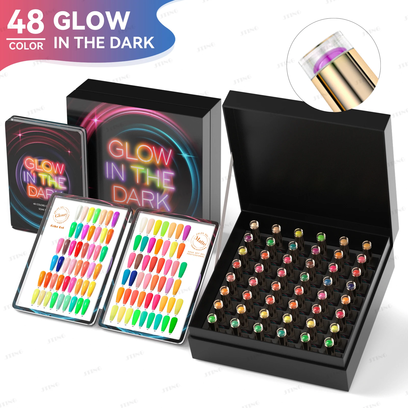 JTING hot popular Unique free color books design 48colors luminous glow in the dark gel nail polish collection set box kit OEM