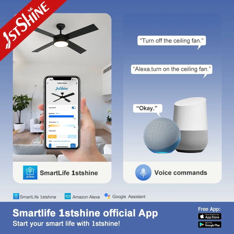 1stshine 52 inch black ceiling fan MDF blade fan light modern led ceiling fan with dc motor