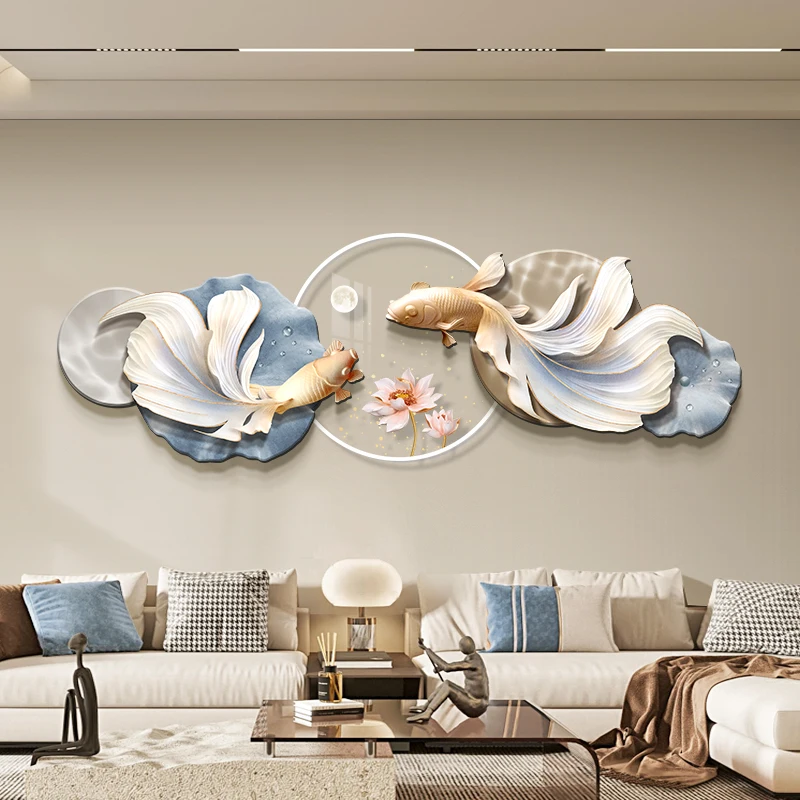 Modern simple style Living room decoration with Led lotus and lucky koi fish crystal porcelain surface wall decor