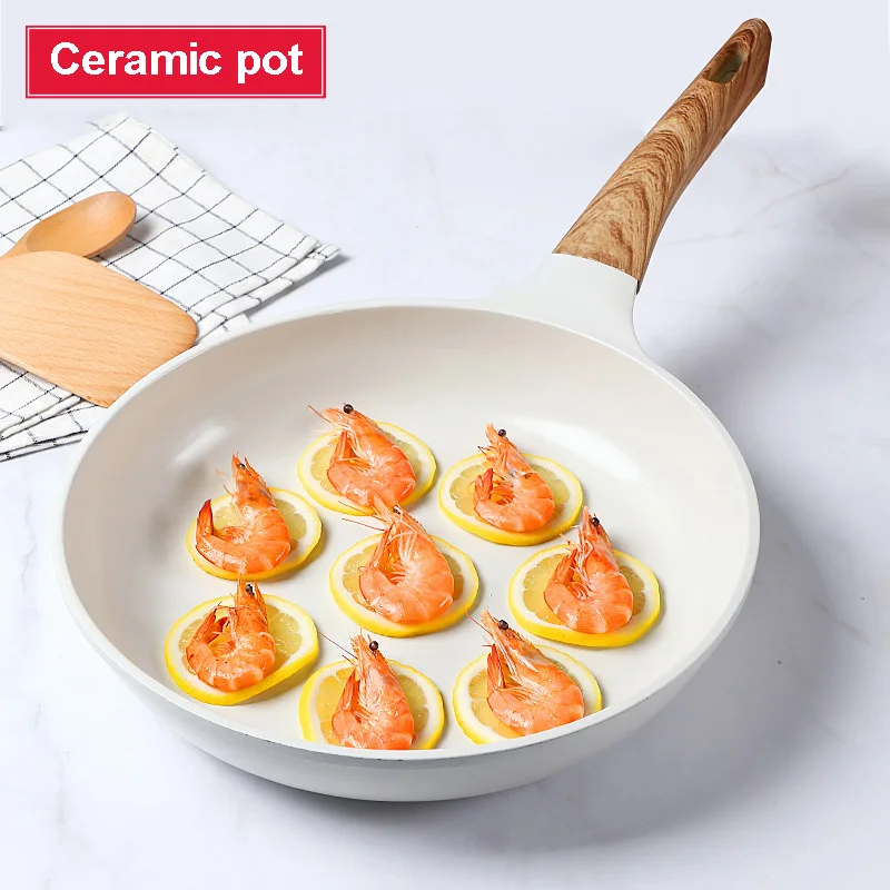 Non Stick Ceramic Enamel Frying Pan Honeycomb Wok Cookware Set Pot With Wooden Handle For Breakfast