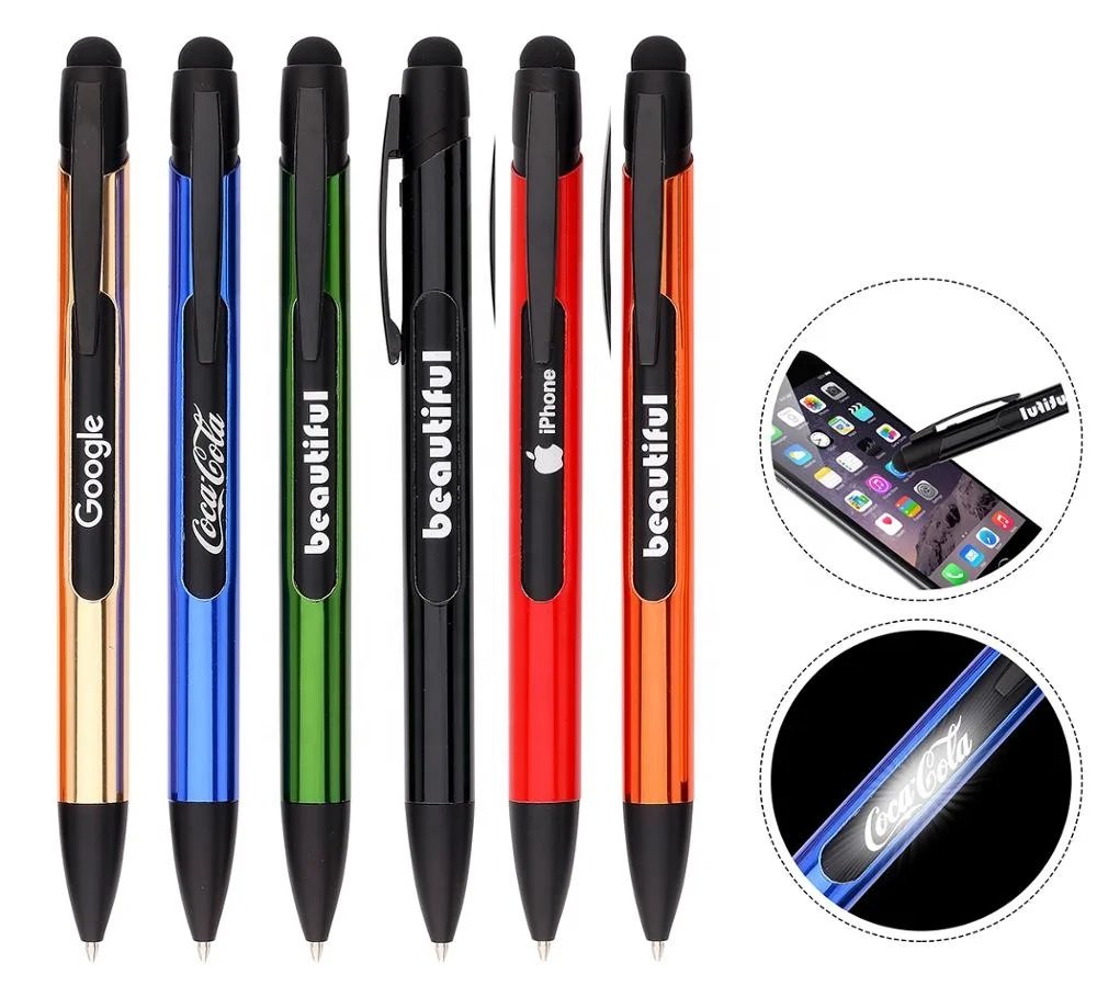 new 3 in 1 custom logo gift ballpoint led glow mobile touch pen stylus promotional pen light ballpoint pens with logo
