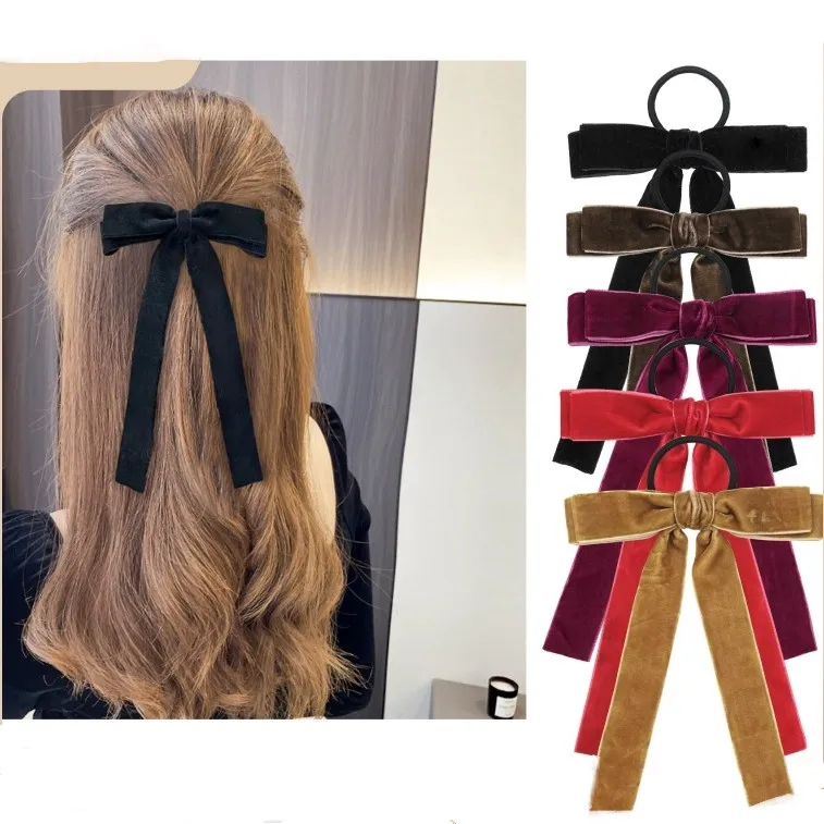 French Retro Black Long Velvet Ribbon High Elastic Hair Ties Hair Bow For Girls Hair Clip Colorful Long Tail Bowknot Bow