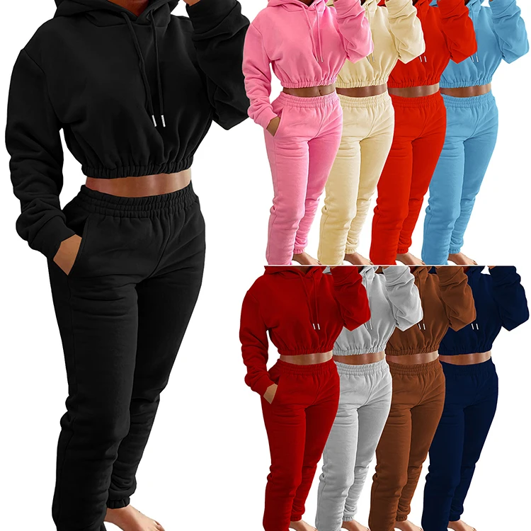 suppliers custom female solid color crop top hoodie jogger set club gym wear adult plain blank colored tracksuit for women