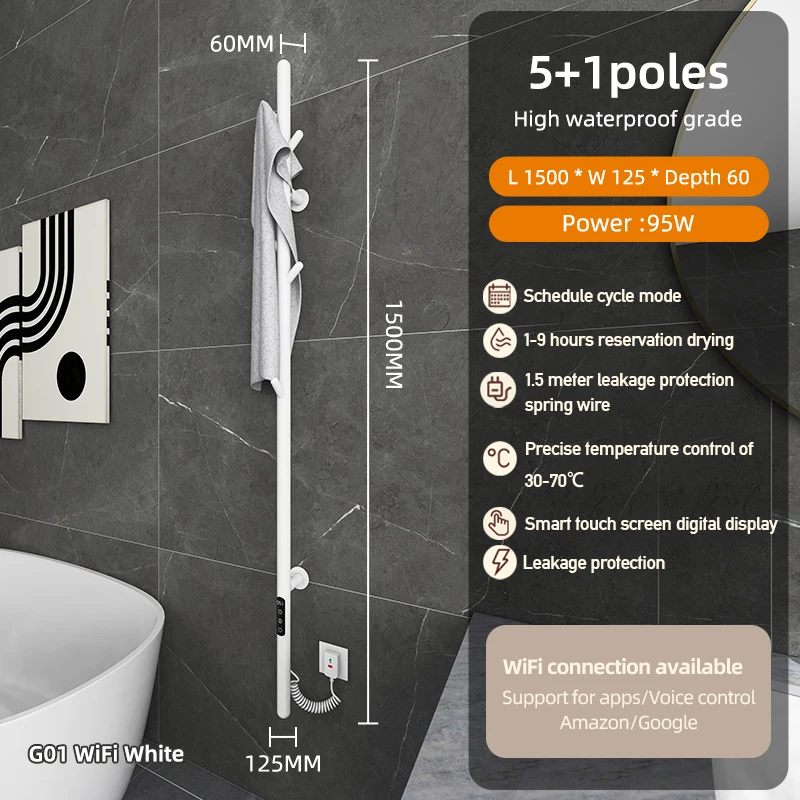 Smart WiFi Electric Towel Rack Customizable Colors Black/White for Household Bathroom Drying and Heating with European Socket