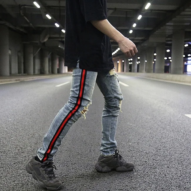 
OEM vintage washed stock dropshipping ripped distressed men track skinny denim jeans pants 