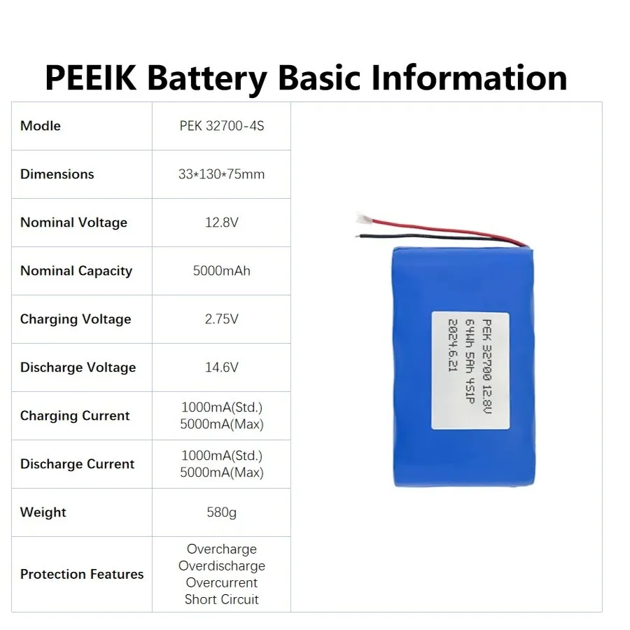 PEEIK 32700-4S 12.8V 32700 5Ah Strong Vibration Resistance Good Low-temperature Discharge Performance Portable Projectors
