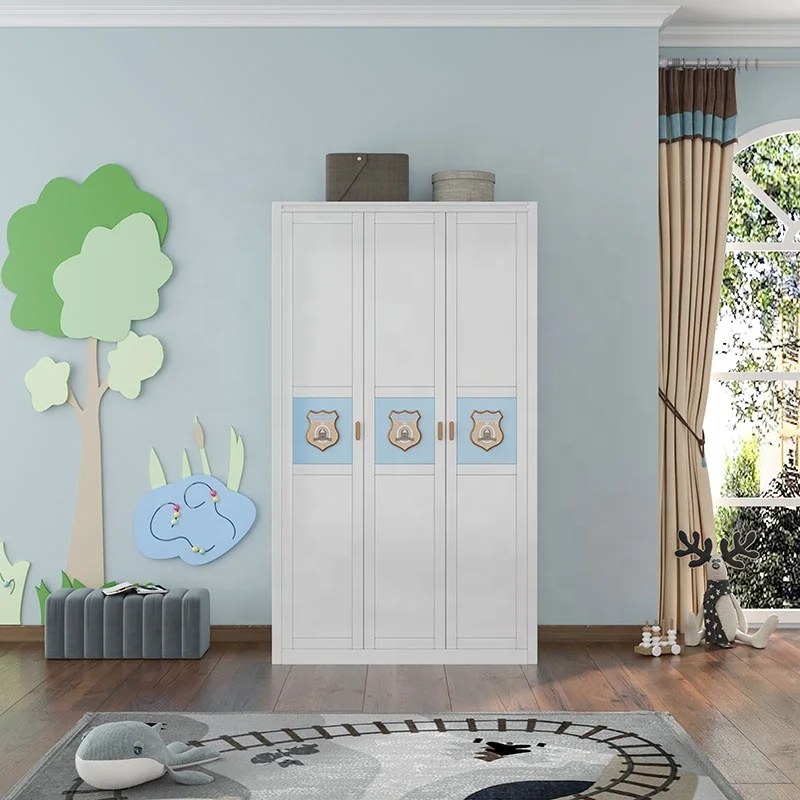 wholesale price Wood Children Beds for boy kids bedroom furniture with 3 door wardrobe and white bunk beds kids