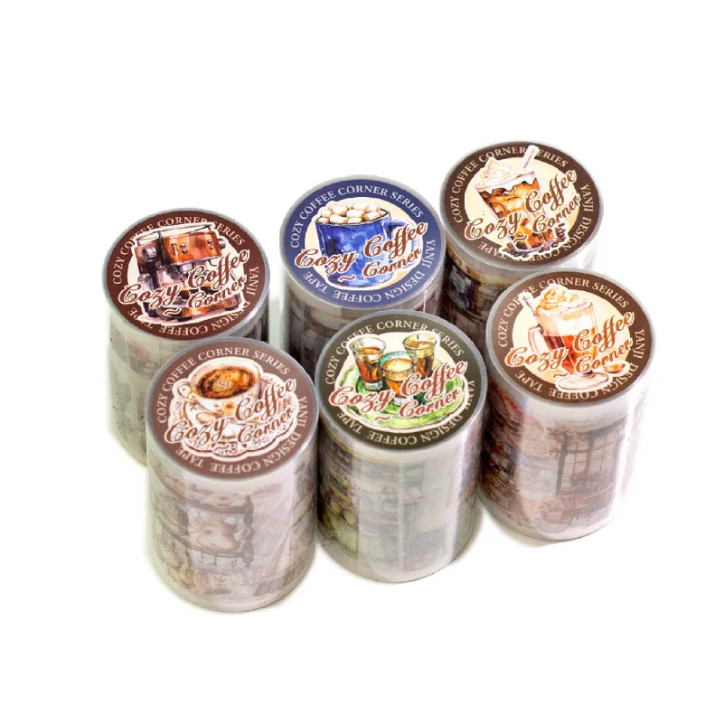 1Roll PET Aquascape Tape Cozy Coffee Corner Series Handbook Material Decorative Collage Base Stickers