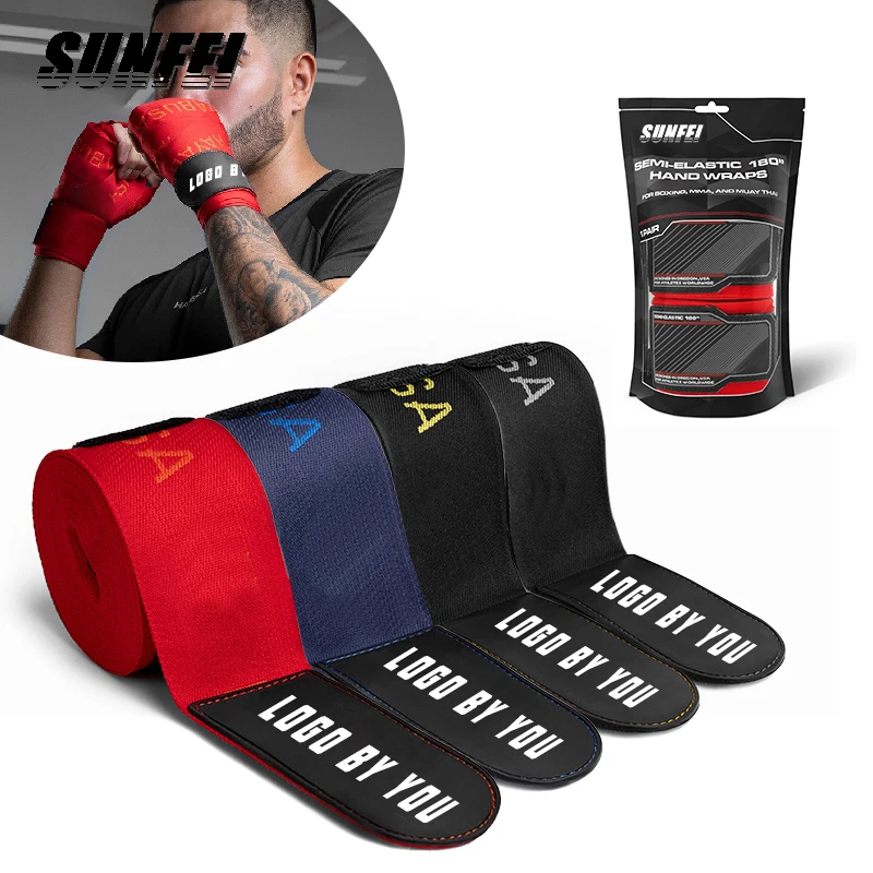 sunfei Custom Made Nylon Hand Wraps for Boxing MMA Muay Thai Training Fitness with Custom Logo Semi Elastic Boxing Bandages