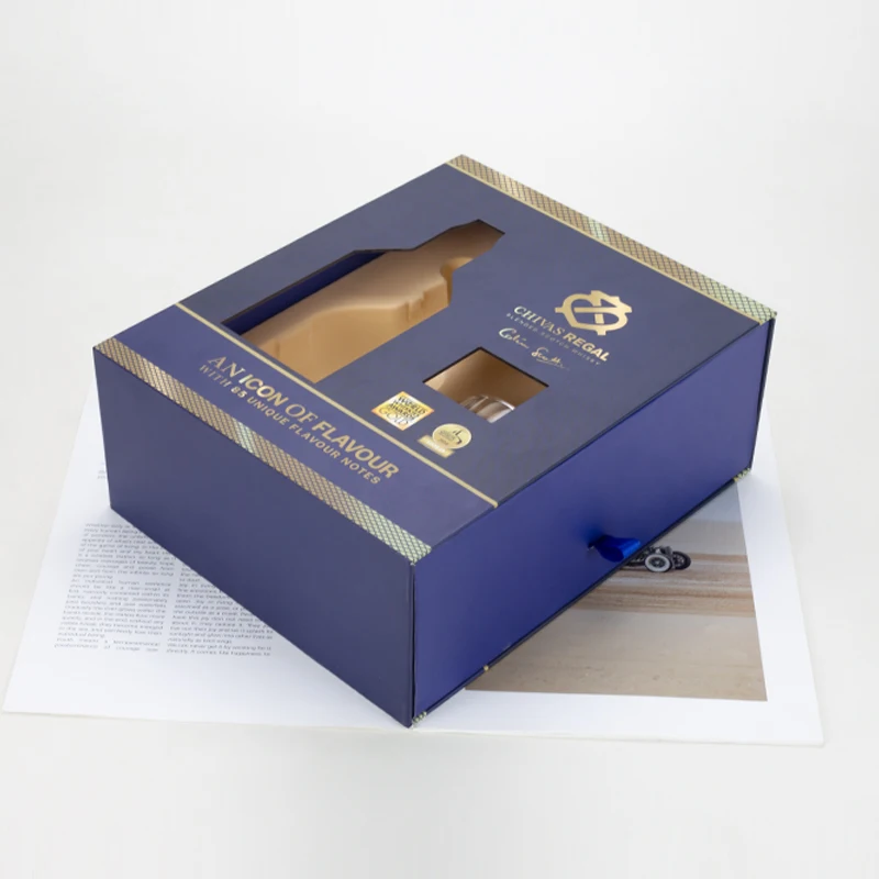Custom Uv Printing Drawer Paper Box Transparent Window  Glasses Whisky Vodka Wine  Gift Box Luxury Wine Box