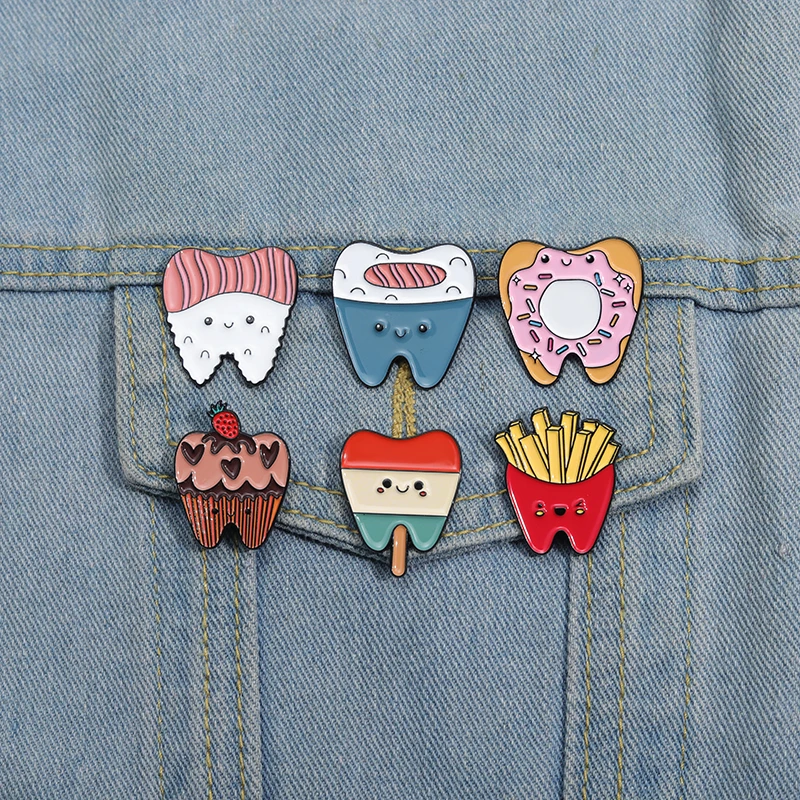 Cartoon Food Tooth Enamel Brooch Care for Teeth Promotional Backpack Badge Clothing Accessories Gift Jewelry