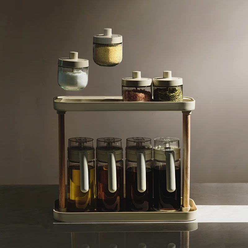 Kitchen spice storage jars set oil glass bottle condiments storage wooden holders rack organizer for kitchen