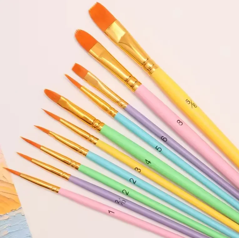 Nylon Paintbrushes Set 10pcs Flat and round Hair Shape with Wood White Black Blue Handle for Oil Watercolor Art Painting