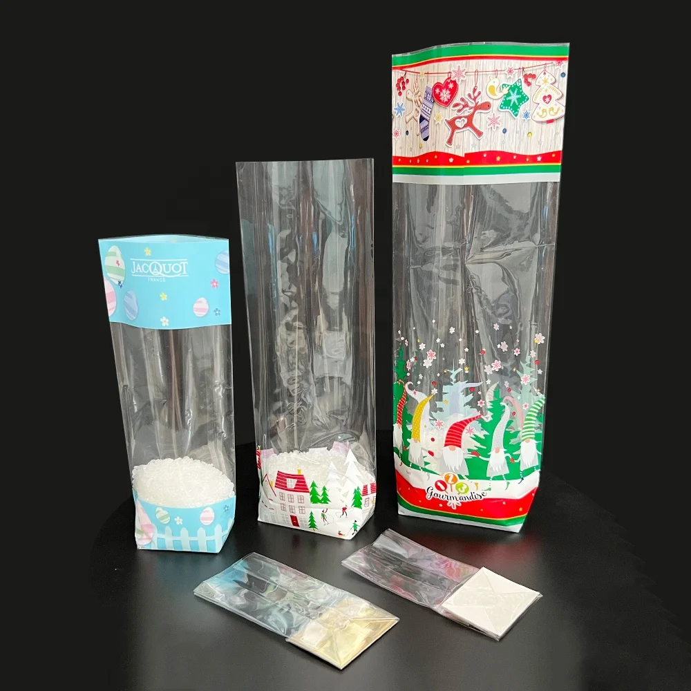 Display Bags Silver Card Base Gusseted Cellophane Gift Bags Block Bottom OPP Bags with Side Gussets