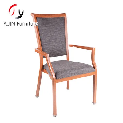 stackable modern aluminum wood look grain banquet armrest dining chair