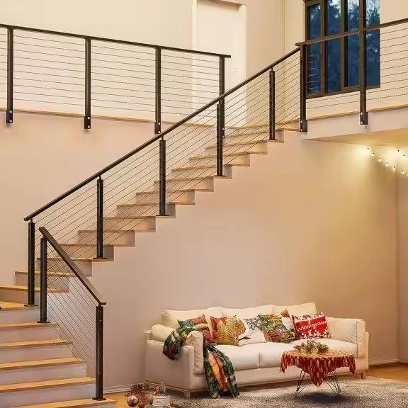 SS304 Deck Cable Railing System Fascia Mount Custom Matt Black Indoor Wire Railing Steel Handrail Level Drilled Cable Railing
