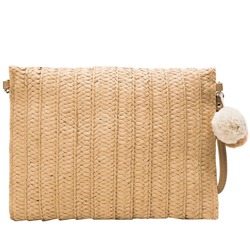 
Raffia clutch hand evening bag pu leather long strip sling woven beach rattan straw bag with pom pom 