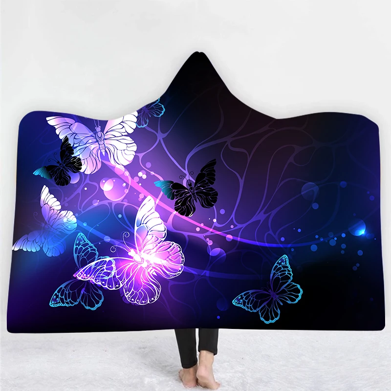 High Quality Winter Warm Fleece Blankets Wearable Galaxy Butterfly Digital Print Hooded Blanket