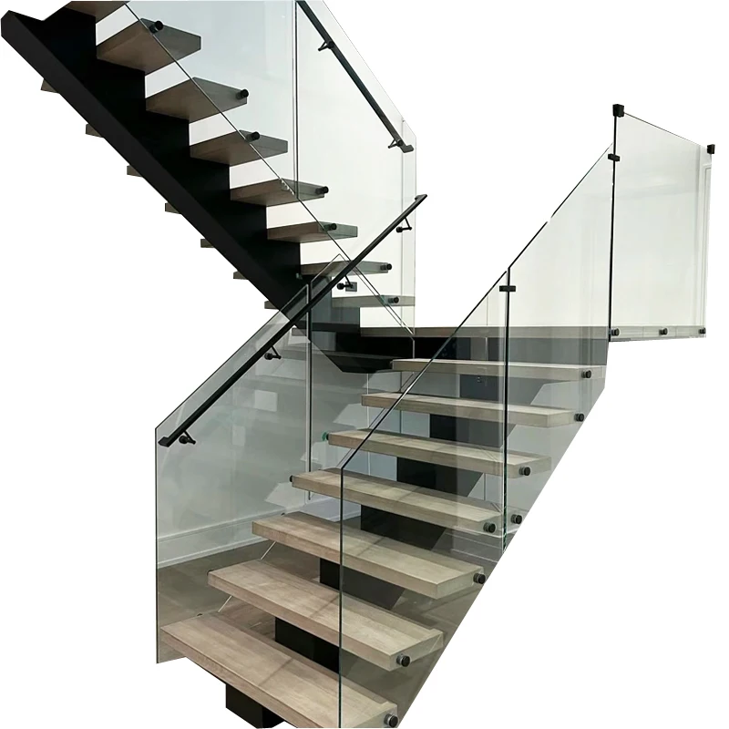Single-side stringer stairs wood staircase u channel beam stairs design for villa apartment hotel
