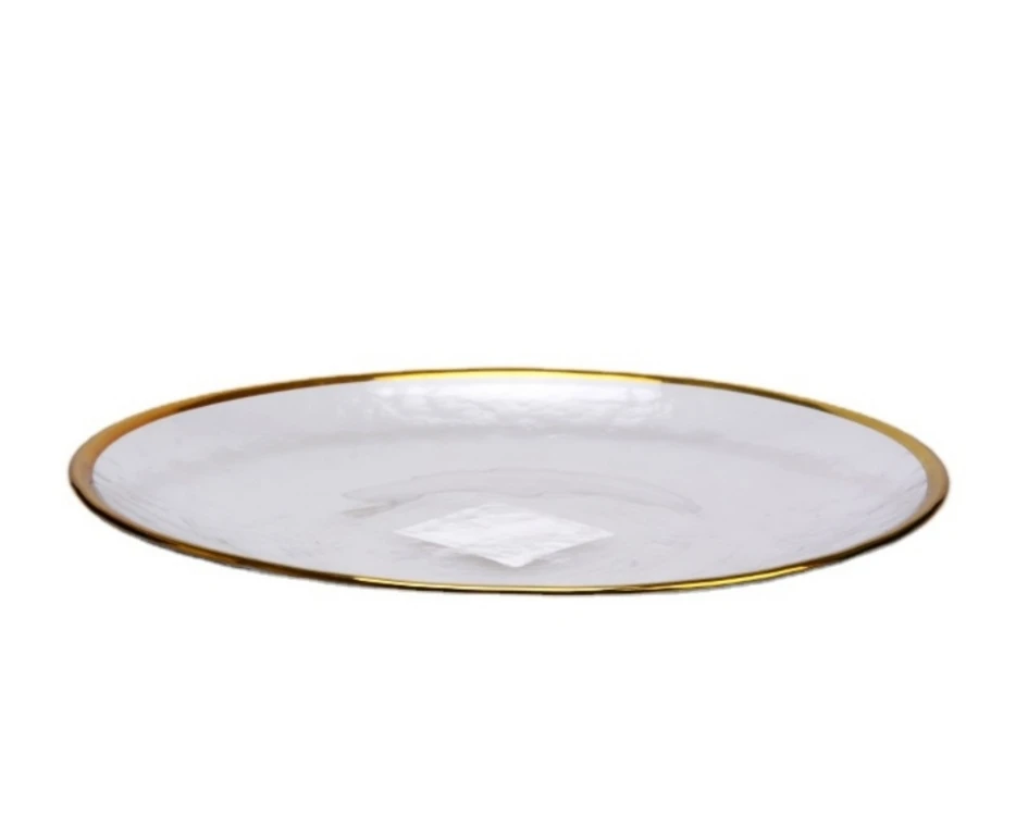 wholesale  Round clear transparent flat Glass Charger Plate with Gold Rim