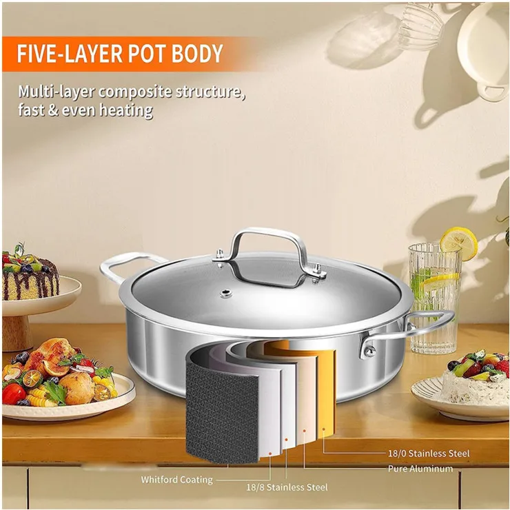 Dishwasher and oven safe 5 QT 3-ply stainless steel saute pans with comfortable double handles and stainless steel lid