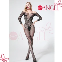 KISS ME ANGEL black see through one-piece long sleeve fishnet bodystocking crotchless babydoll bodysuits for women