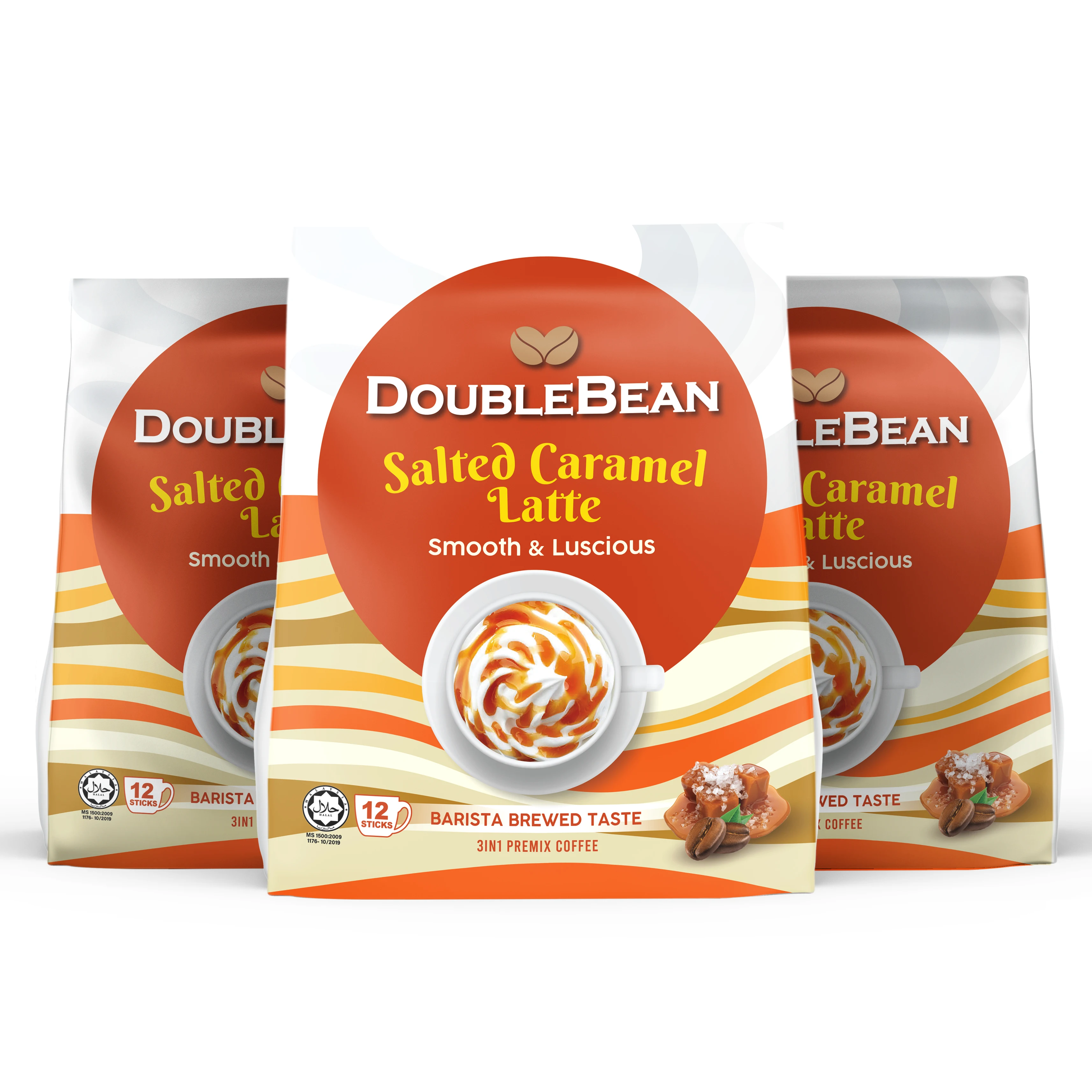 DOUBLEBEAN Salted Caramel Latte 12 sachets x 25g (300g) HALAL Premium Caramel Instant Coffee Premix Powder Malaysia Manufacturer