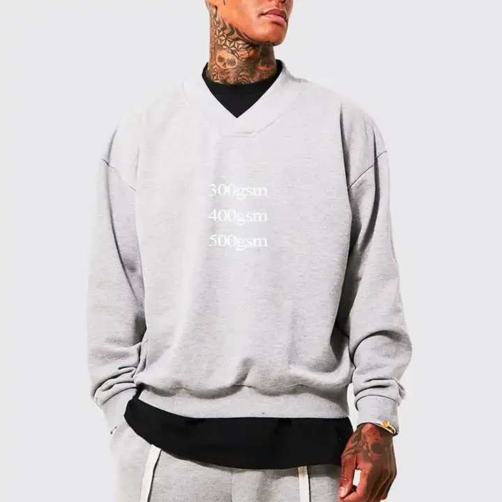 Wholesale High Quality Grey French Terry Cut And Sew Rib Hem Hoodie Drop Shoulder Design V Neck Sweatshirt For Men