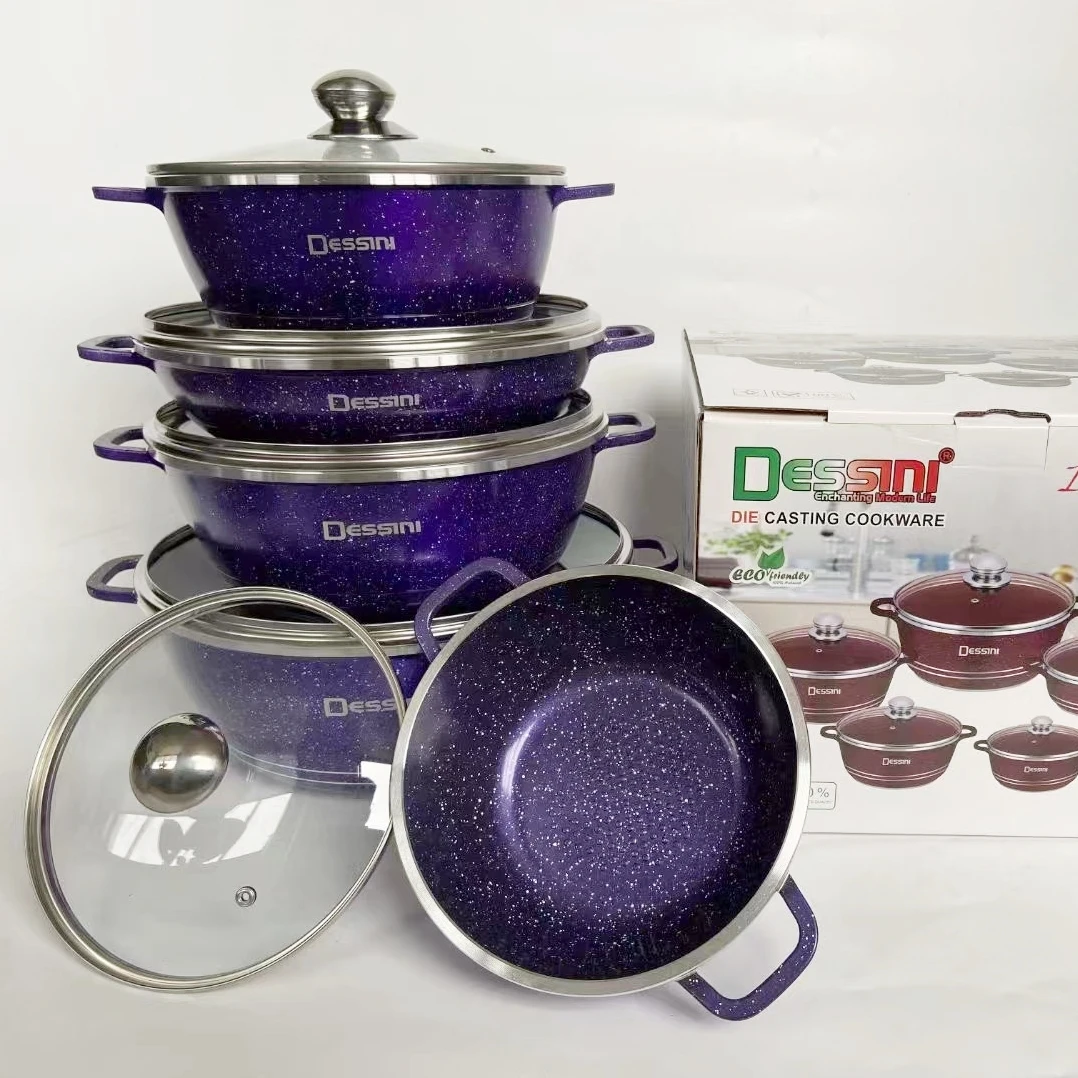 Dessini Popular Non Stick Pot 10 Piece Set Marble Casserole Pot Fry Pan Set Die Cast Aluminum Cooking Cookware Set