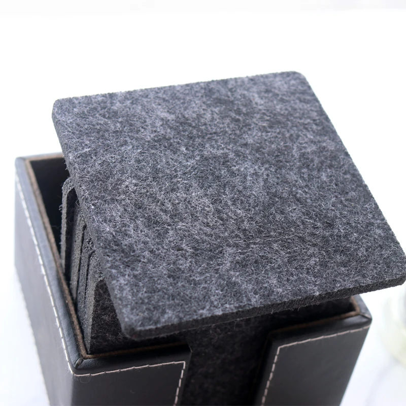 Grey Color Antislip Square Felt Coaster Set Absorbent Felt Drink Glass Coasters set of 6 with holder
