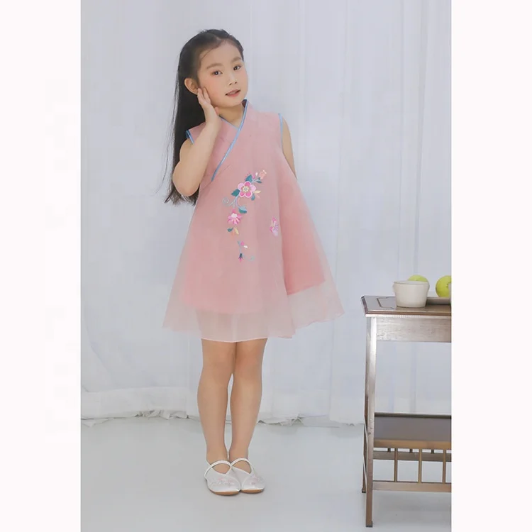 
Chinese wholesale Qipao For Girls Sleeveless Party dress embroidered lace cheongsam dress for kids prom wears 