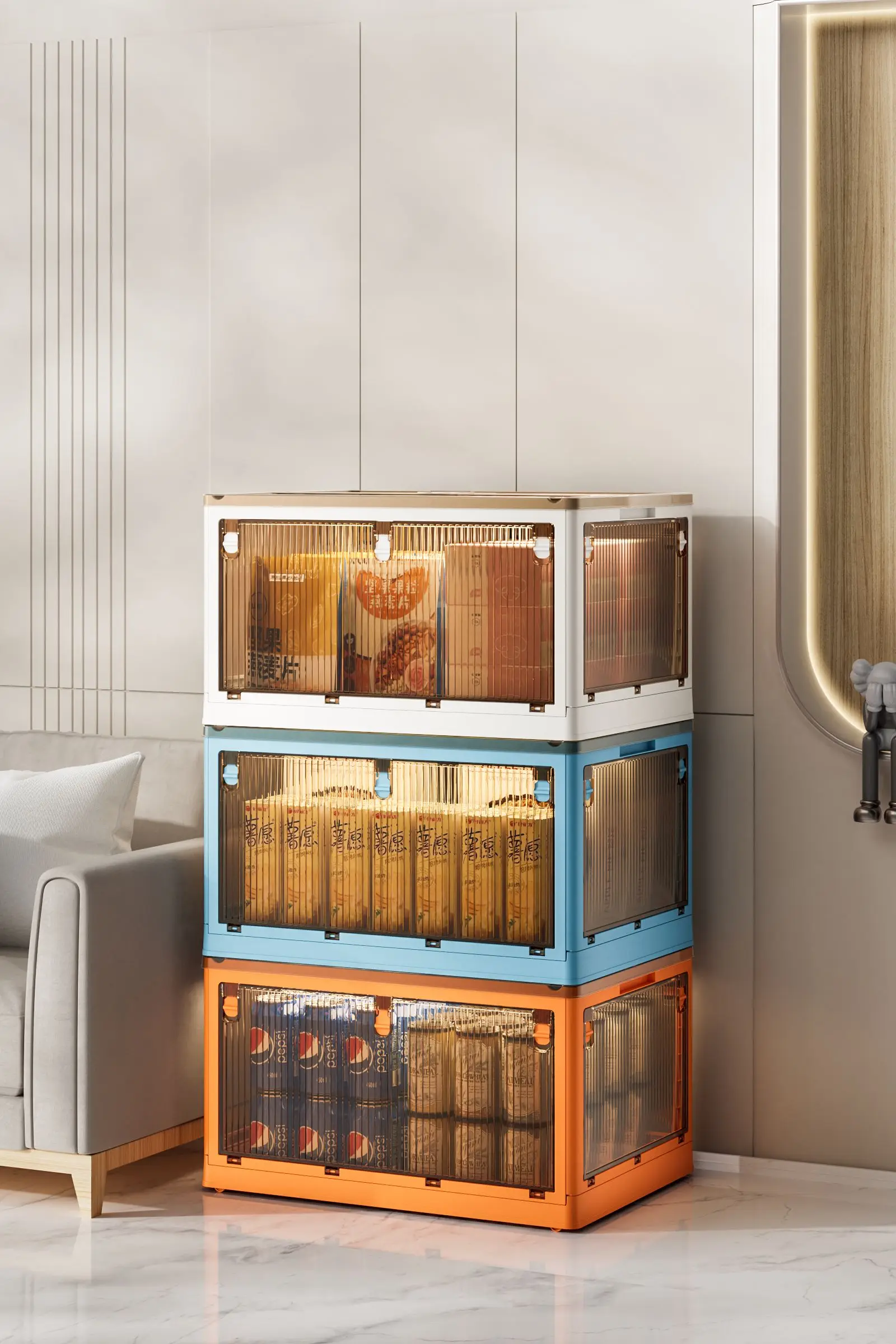 Wholesale side open door stackable household transparent large capacity clothes storage box folding plastic box with wheel