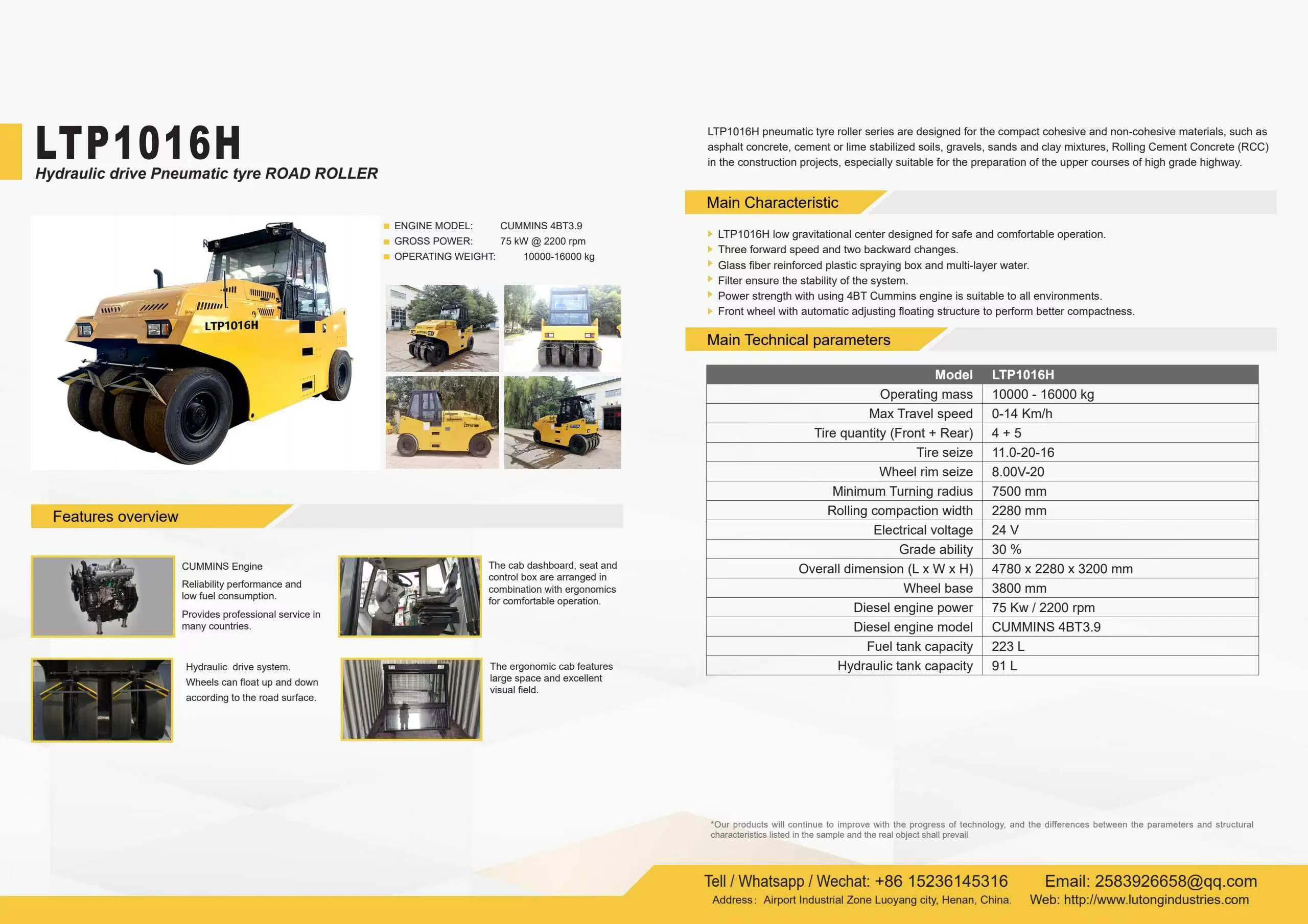 10 Ton Hydraulic Pneumatic Roller New Construction Machinery LTP1016H for Farms Core Components Motor Engine Pump Bearing Gear