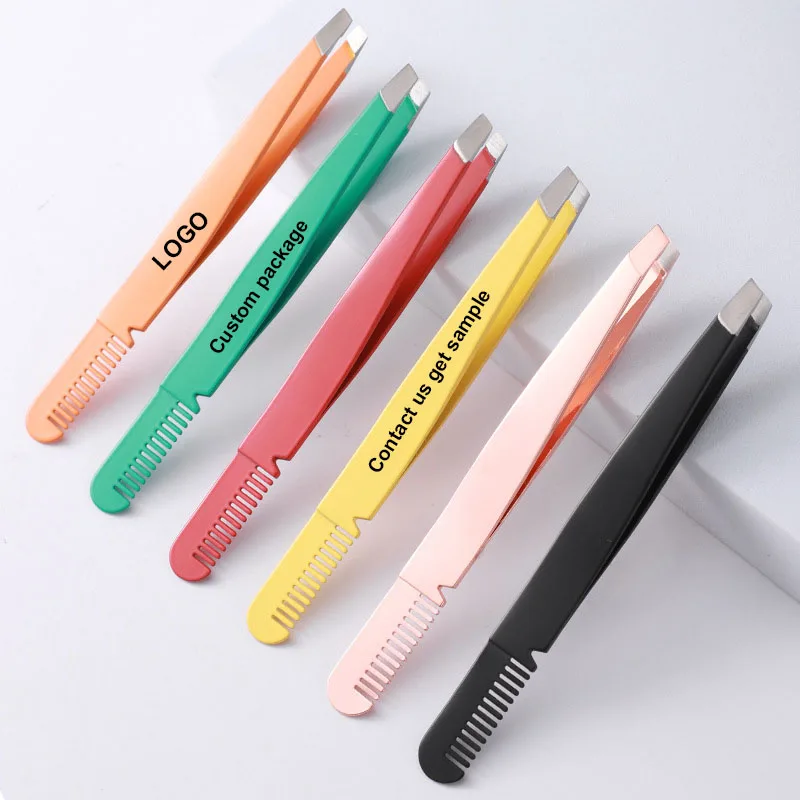 Customized Laser Logo Stainless Steel Ergonomic Design Durable Double Ended Eyebrow Tweezer With Comb for Facial Hair