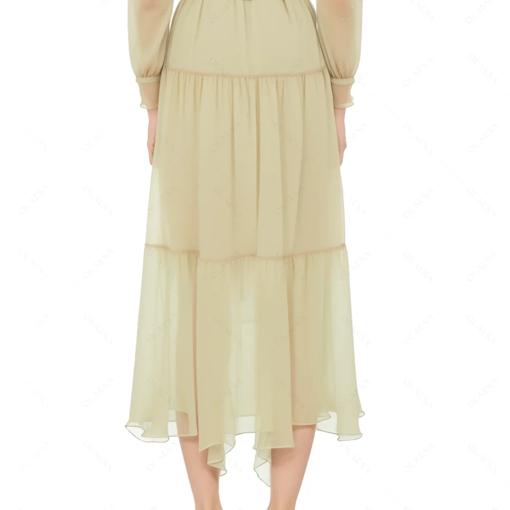 ODM High Quality V Neck Button Fly Belted Chiffon Midi Dress Custom Casual Dresses