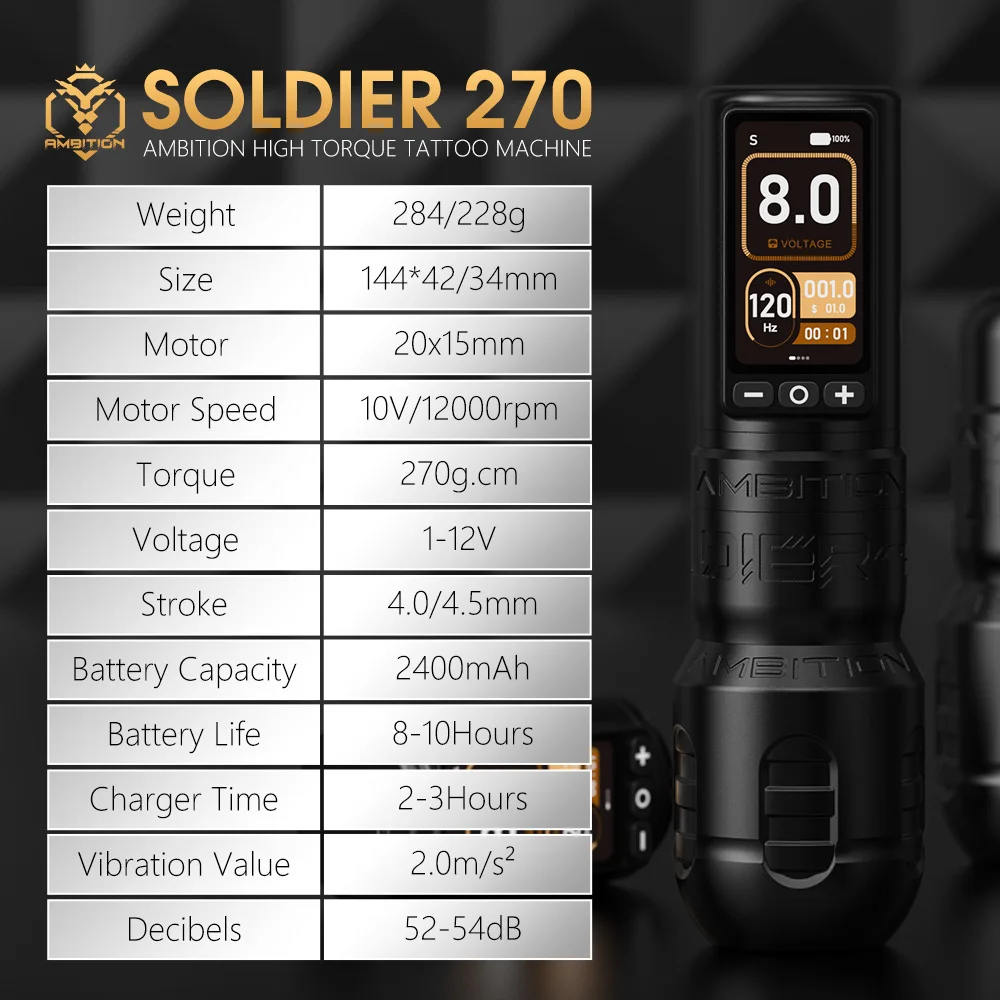 Ambition Soldier 270 2400mAh Brushless Motor 4.0mm/4.5mm Stroke Professional Wireless Tattoo Pen Gun Machine with Double Battery
