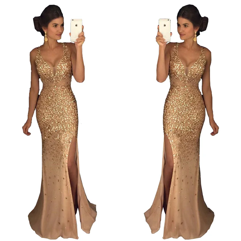 New Design Drop Shipping Sexy Long Evening Dresses Sequins Elegant Maxi Dress Ladies Evening Night Party Dress