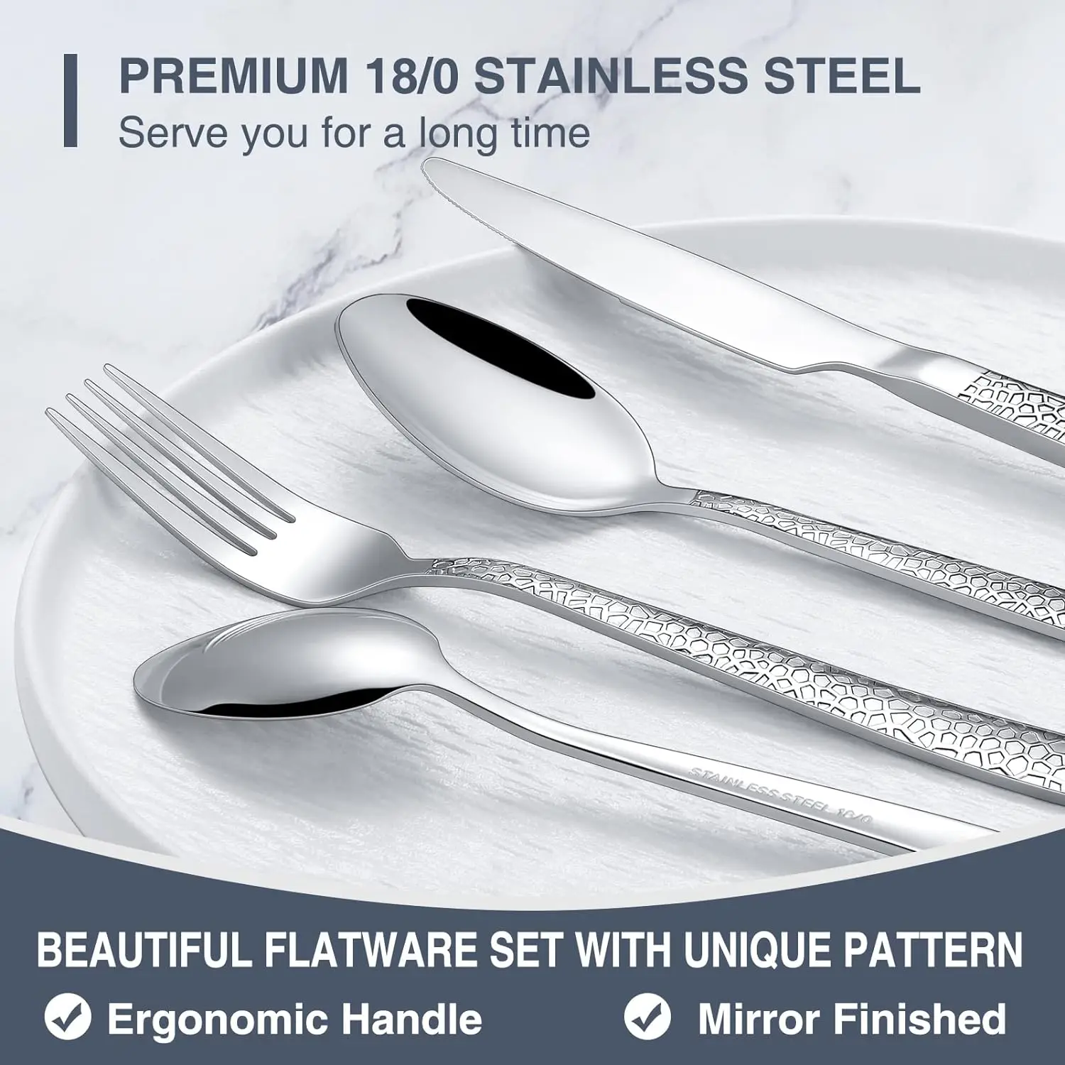 Silverware Set with Organizer, 49 Piece Stainless Steel Hammered Flatware Set for 8, Eating Utensil Sets with Steak knives