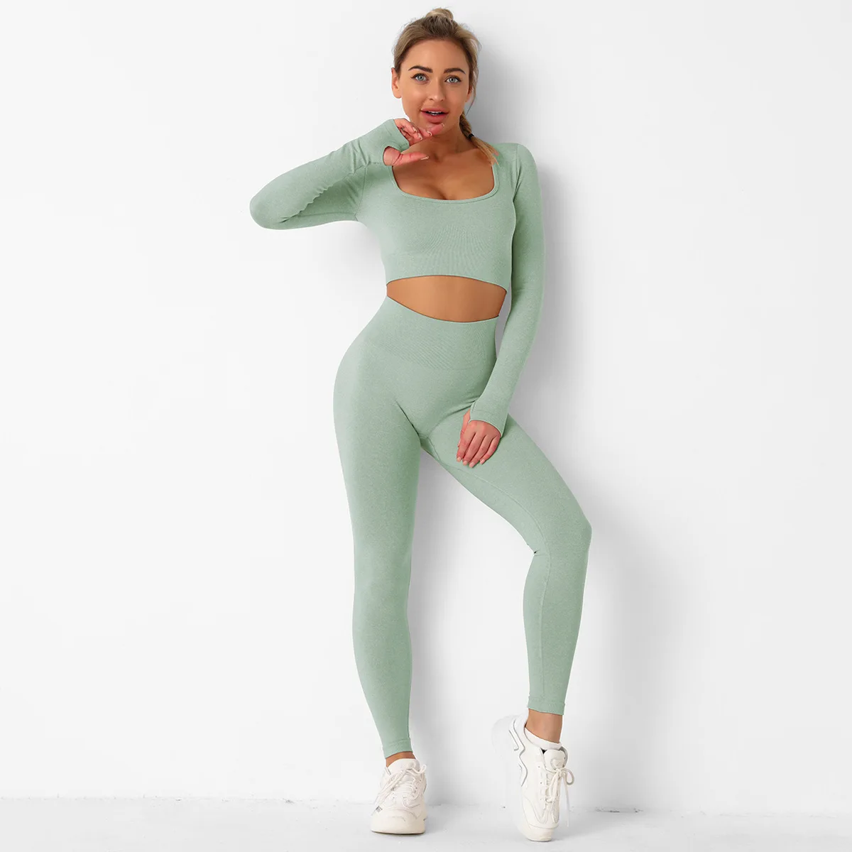 2021 Fashion Basic Leggings Sport 2pcs Long Sleeve Jogging Set Activewear Fitness Yoga Wear For Woman