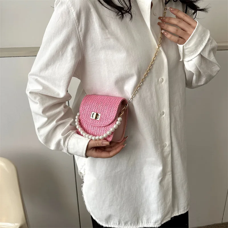 Mini Straw Braided Pearl Chain Shoulder Crossbody Bag Vintage Custom Designer Handbag Summer Fashion Bags For Ladies Girls