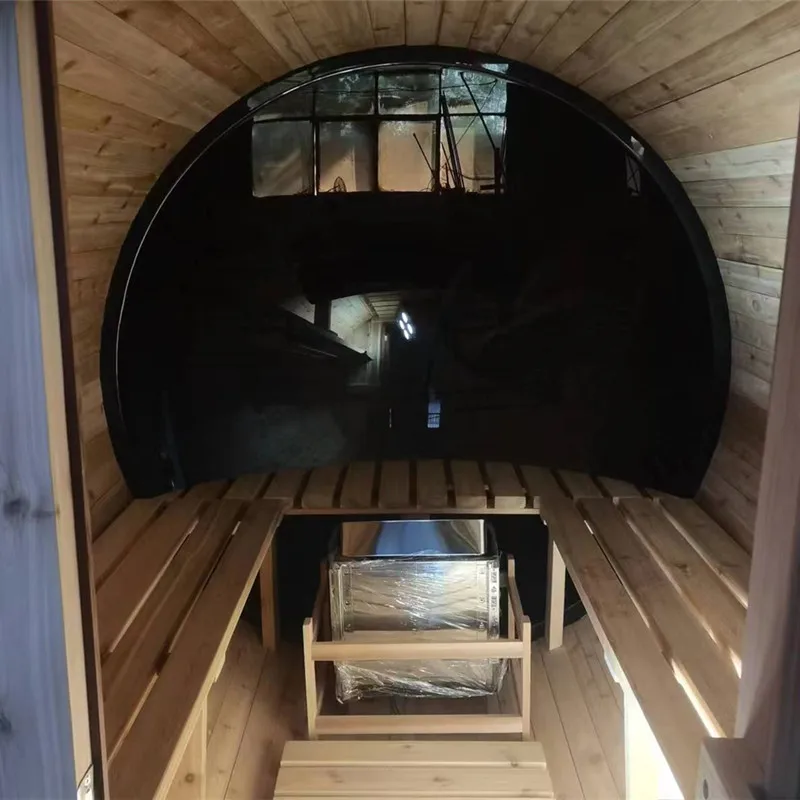whole wood red cedar outdoor wet steam lay down seat barrel sauna rooms with sauna stove and stone