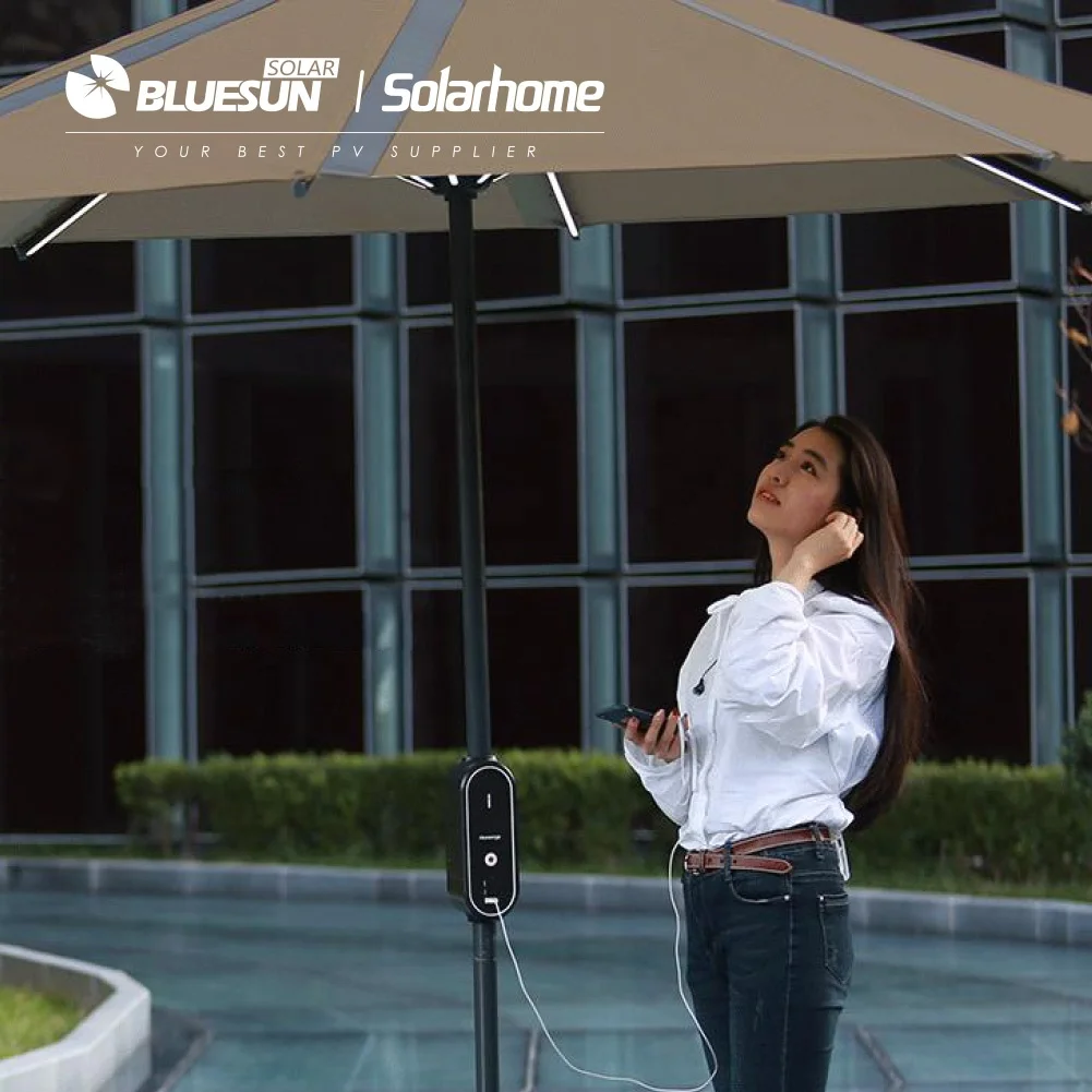 Bluesun waterproof durable single pole solar umbrella 50w photovoltaic garden outdoor umbrella with lithium battery storage